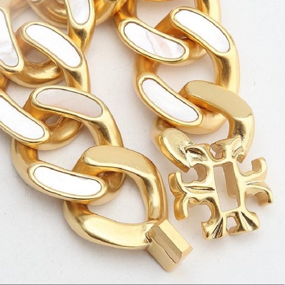 šTory Burch Roxanne Inlay Chunky Bold Statement Gold Necklace - Picture 8 of 10